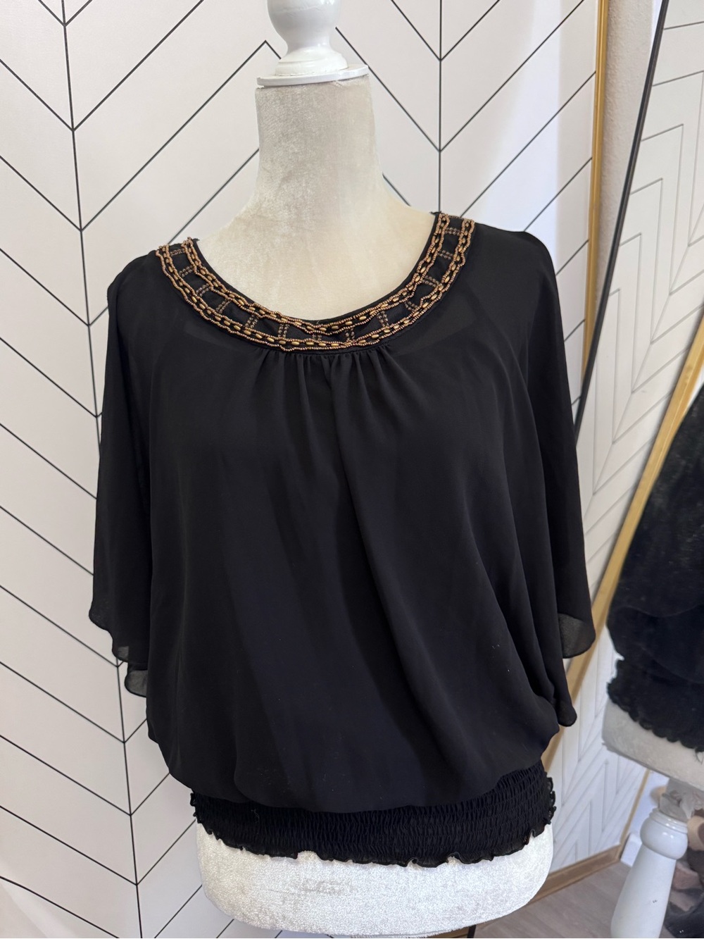 BCX Black Beaded Neck blouson Top